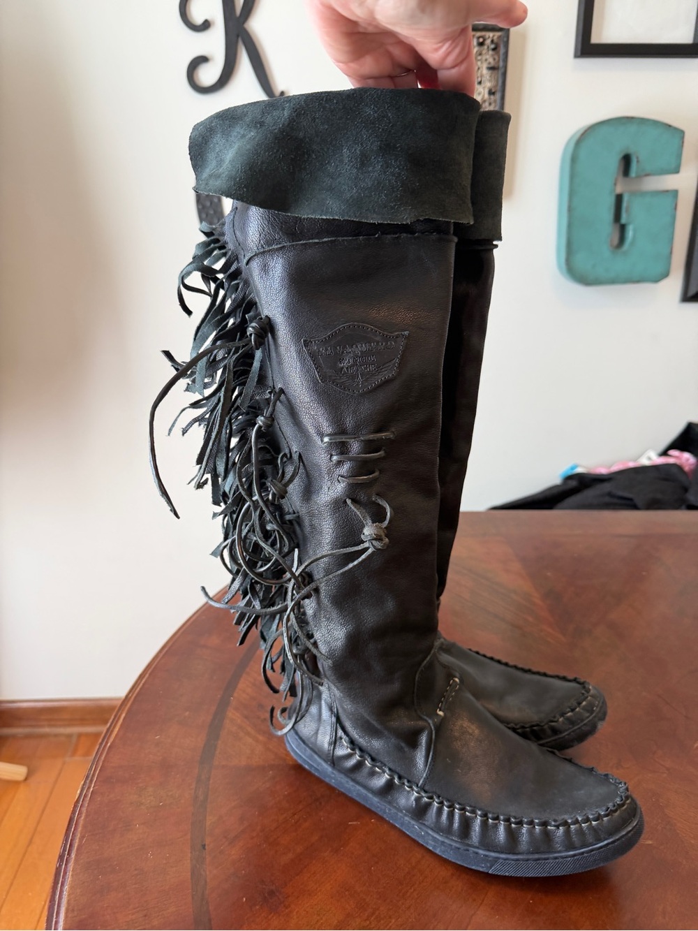 El Vaquero Black Leather Over Knee Boots EU 41 US 9.5 Fringe Moc Toe Flat Heel